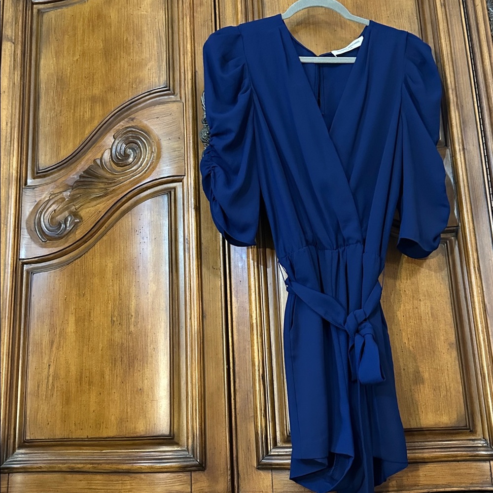 Amanda Uprichard Romantic Navy Blue Puff Ruched Sleeve Pleated Front Tie Waist L